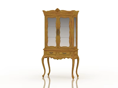Classic Wooden Decorative Cabinet With Glass Doors Carved Top And Curved Legs 3d model