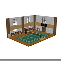Indoor Sports Fitness Badminton Court Featuring Green Surface White Net Benches And Wooden Flooring