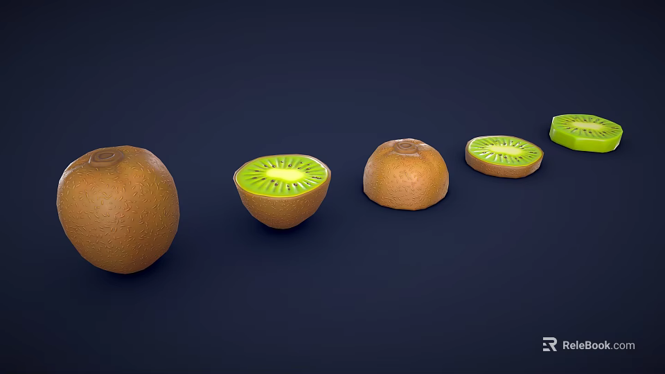 Whole and Sliced Kiwi Fruits Showing Green Flesh With Black Seeds On Dark Background 3d model 