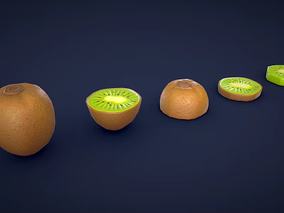 Whole and Sliced Kiwi Fruits Showing Green Flesh With Black Seeds On Dark Background 3d model