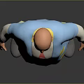 Bald Man Wearing Blue Jacket With Red Design And Blue Pants With Yellow Patterns