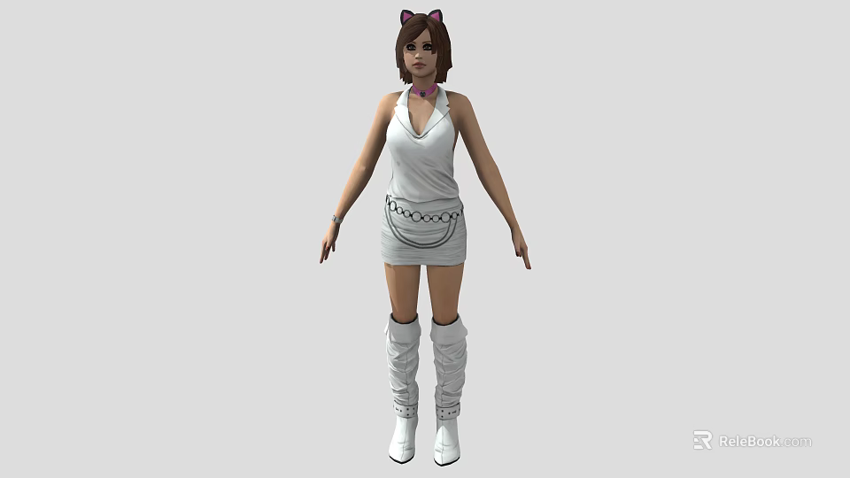 Female Character With Cat Ears Dressed In White Dress And White Boots 3d model 