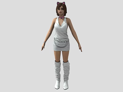 Female Character With Cat Ears Dressed In White Dress And White Boots 3d model
