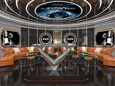 Luxury KTV Private Room Interior With Orange Sofas And Round Decorations 3d model