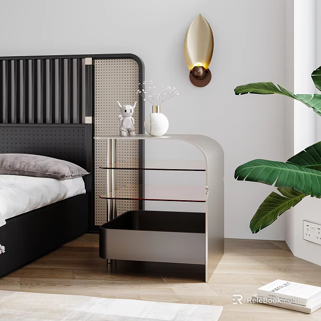 Modern Nightstand with Glass Shelves Drawer White Vase Rabbit Figurine and Gold Wall Lamp 3d model 