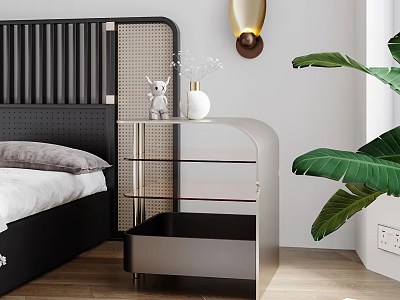 Modern Nightstand with Glass Shelves Drawer White Vase Rabbit Figurine and Gold Wall Lamp 3d model