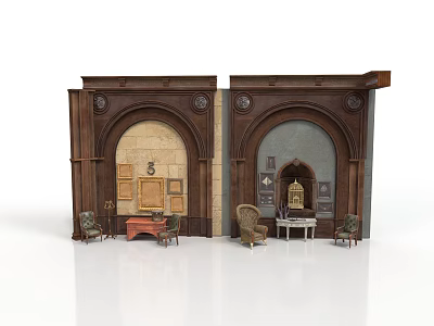 Classic Wooden Arched Doorway Structure With Ornate Decorative Panels And Vintage Furniture 3d model