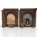 Classic Wooden Arched Doorway Structure With Ornate Decorative Panels And Vintage Furniture