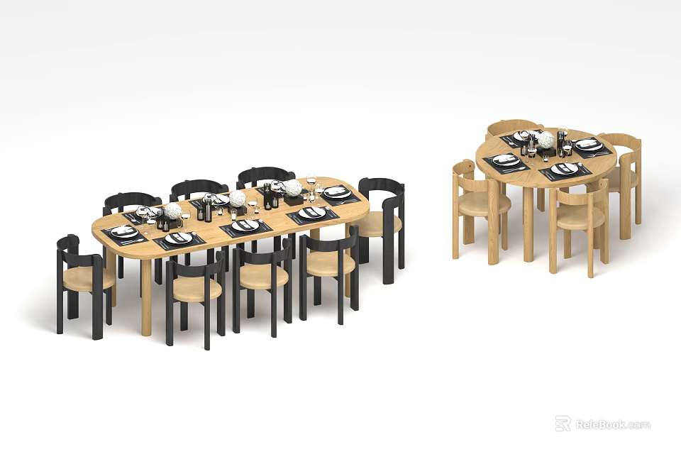 Rectangle And Round Dining Table Sets With Black And Light Colored Chairs And Tableware 3d model