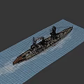 Vintage Battleship Sailing On Blue Sea With Multiple Towers Cannons And Smoke