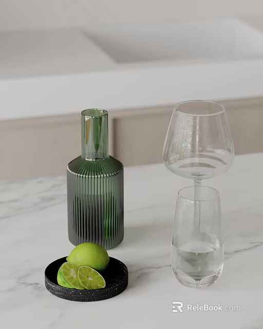 Decorative Ornament Combination With Green Ribbed Bottle Transparent Wine Glass Clear Tumbler Lime On Marble 3d model 
