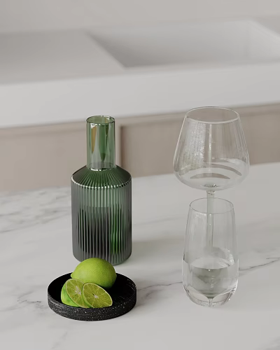 Decorative Ornament Combination With Green Ribbed Bottle Transparent Wine Glass Clear Tumbler Lime On Marble 3d model