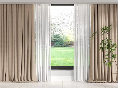 Beige Thick And White Sheer Curtains With Green Lawn View And Indoor Plant 3d model