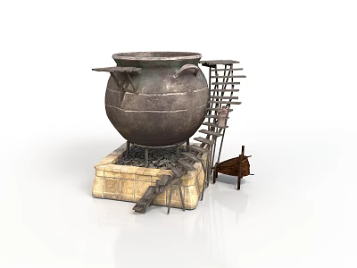 Ancient Bronze Cauldron Setup With Stone Base Wooden Ladder And Stool 3d model