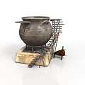 Ancient Bronze Cauldron Setup With Stone Base Wooden Ladder And Stool