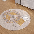 Cozy Round Rug With Lion Pattern Yellow And Neutral Woven Design On Wooden Floor