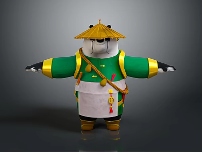 Cartoon Panda Wearing Green Outfit With Straw Hat Golden Decorations And Yellow Boots 3d model