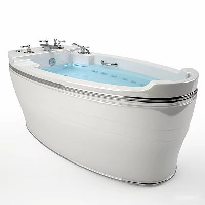 Modern White Oval Bathtub With Blue Water Silver Faucet And Jets 3d model