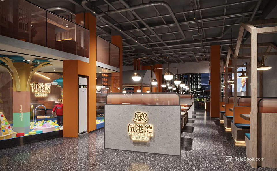 Spacious Restaurant Interior With Hanging Lights Orange Pillars And Reception Counter 3d model 