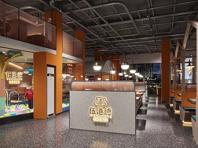 Spacious Restaurant Interior With Hanging Lights Orange Pillars And Reception Counter 3d model