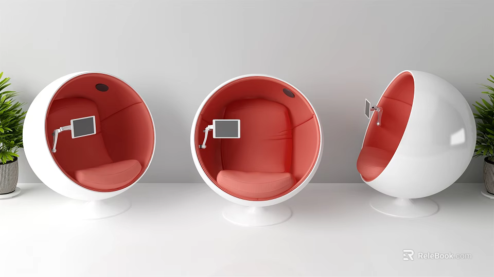 Modern Spherical Seats With Red Cushions White Bases And Tablet Screens 3d model 