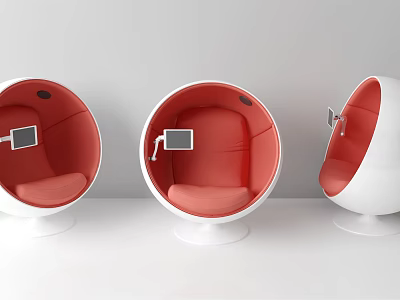 Modern Spherical Seats With Red Cushions White Bases And Tablet Screens 3d model