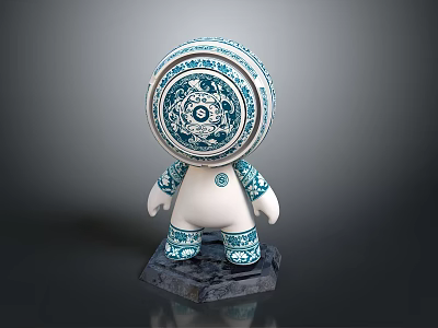 Decorative Blue And White Ceramic Doll With Traditional Pattern On Black Base 3d model