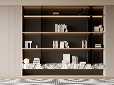 Modern Open Bookcase With Wooden Shelves Books Decorative Items And Marble Countertop 3d model