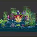 Cartoon Style 3D Architectural Model With Green Grass Purple Rocks And Lily Pads