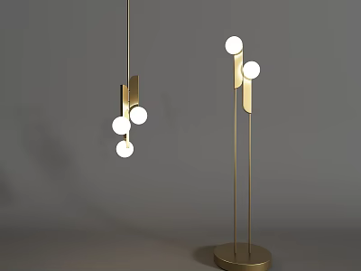 Modern Lighting Combinations With Gold Metal Pendant Lights And Floor Lamps Globe Bulbs 3d model