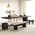 Minimalist Tea Table And Chairs With Bench Stools Tea Set Vase And Hanging Lamp