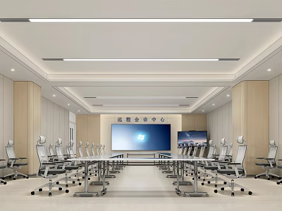 Modern Conference Room Interior with Long Table Multiple Chairs and Large Screens 3d model