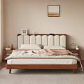 Cozy Bedroom Interior With Wooden Bed Soft Headboard Nightstand Plant And Window Curtains