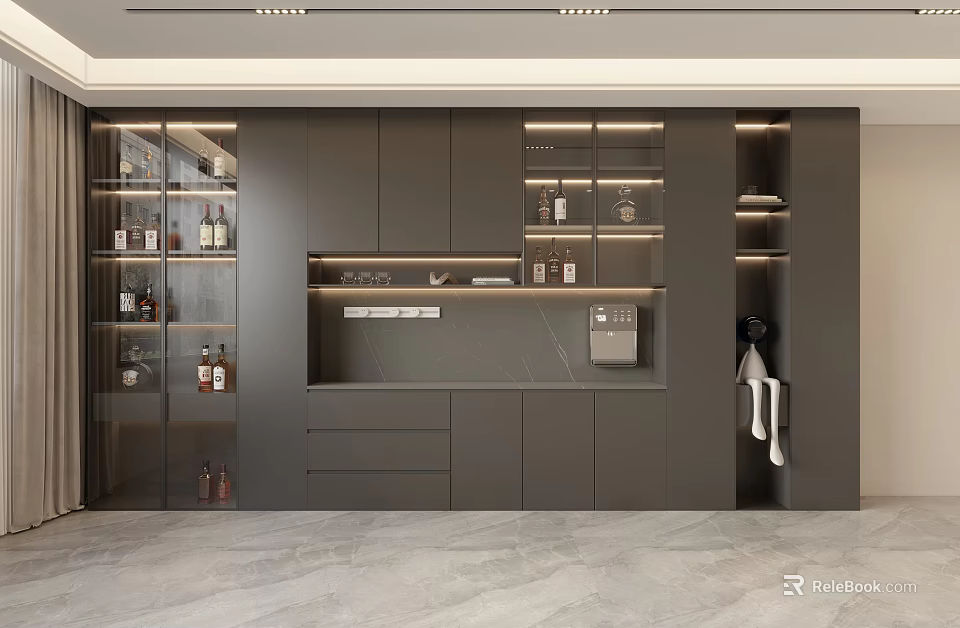 Modern Wine Cabinet Interior Design With Glass Doors Built in Lighting And Storage Shelves 3d model 