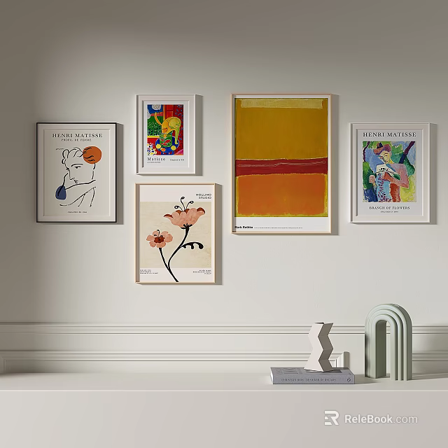 Wall Art Collection Featuring Various Paintings And Decorative Shelf Items 3d model