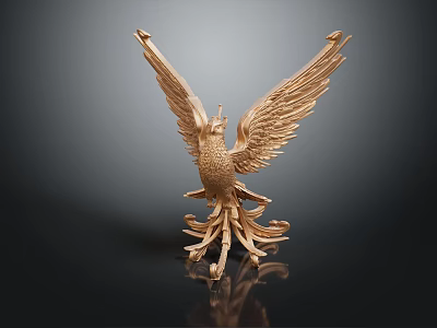 Golden Phoenix Sculpture Carving With Spread Wings And Intricate Decorative Details 3d model