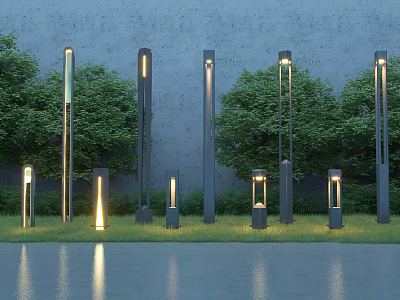 Modern Outdoor Lights With Different Heights Illuminating Garden Lawn And Trees 3d model