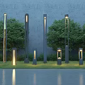 Modern Outdoor Lights With Different Heights Illuminating Garden Lawn And Trees