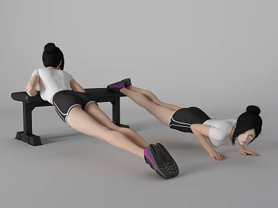 Women Performing Plank Exercises With Fitness Bench In White Top Black Shorts And Purple Sneakers 3d model