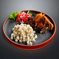 Grilled Meat With White Rice Fresh Greens Red Pickled Onions And Herbs