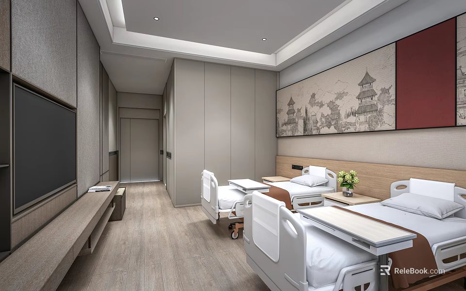 Comfortable Modern Hospital Ward Interior With Multiple Medical Beds And Facilities 3d model 