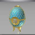 Unique Blue Egg Shaped Decorative Furniture With Gold Accents Geometric Pattern And Base Stand