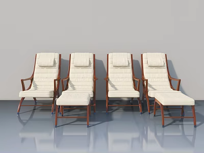 Comfortable Recliner Chairs with White Cushions and Wooden Frames on Reflective Floor 3d model