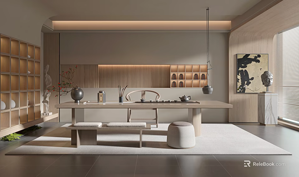 Modern Minimalist Tea Room Interior Design With Wooden Table Tea Sets And Decorative Painting 3d model 