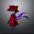 Cute Character In Red Coat With Cat Ear Hat Purple Scarf And Green Eyes