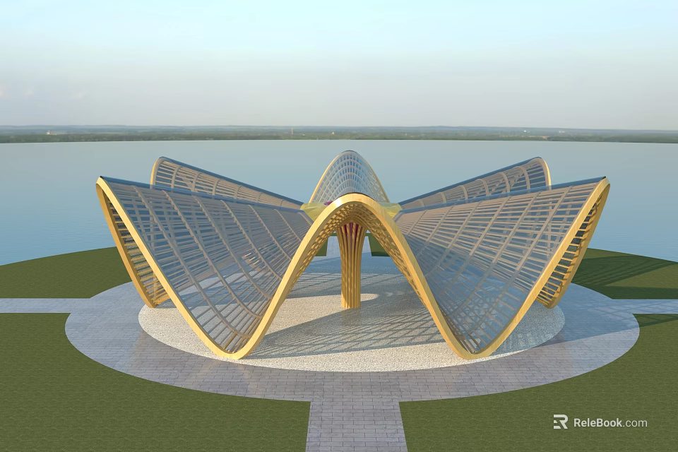 Modern Architectural Structure On Waterfront Featuring Curved Petal Like Design Circular Platform And Green Lawn 3d model 