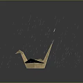 Origami Crane Paper Art Figure Standing in Falling Rain with Water Droplets