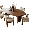 Oval Shaped Wooden Dining Table With Six Upholstered Chairs And Flower Vase