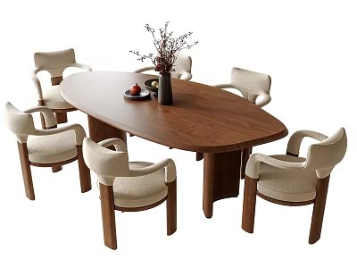 Oval Shaped Wooden Dining Table With Six Upholstered Chairs And Flower Vase 3d model