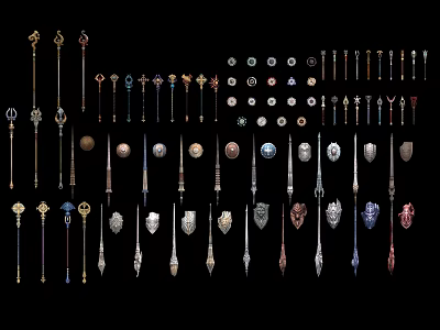 Diverse Decorative Weapons Collection Featuring Staffs Shields and Ornate Metal Badges 3d model